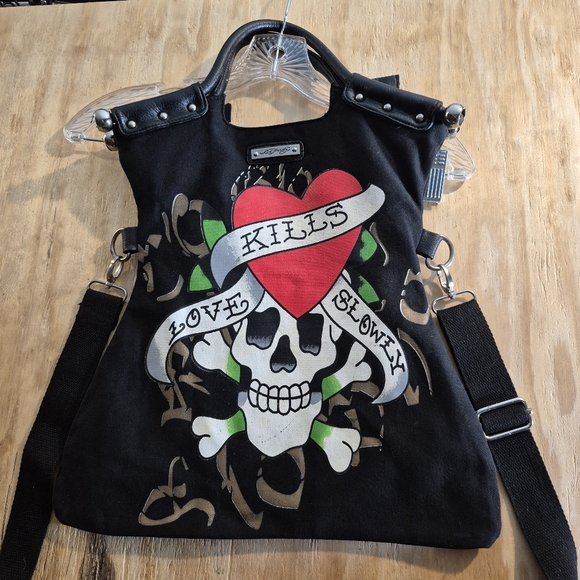 Vintage Ed Hardy Black Skull Tote/Messenger Bag - Picture 2 of 16